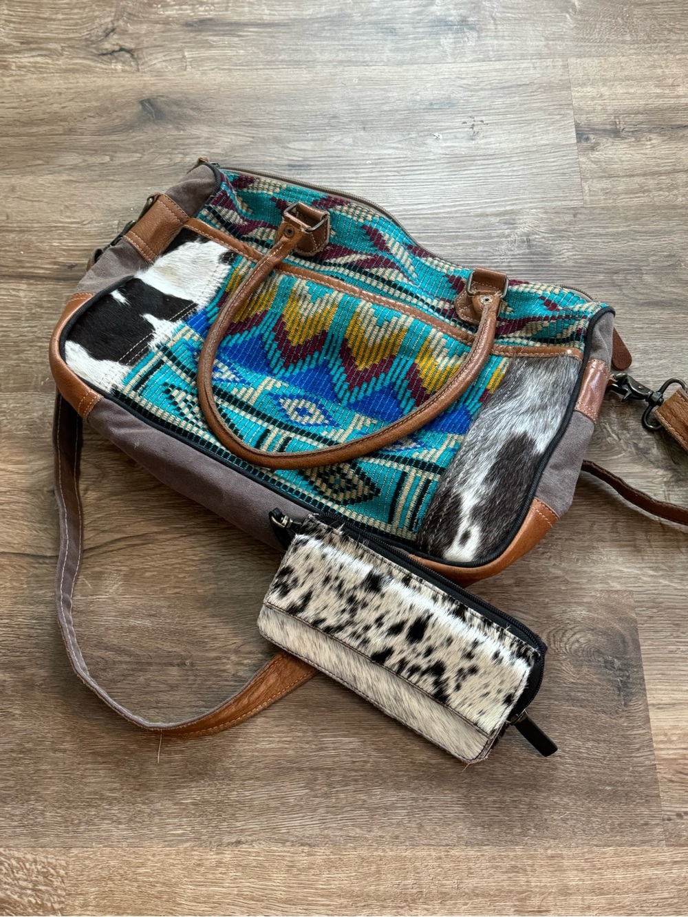 Myra Bag Turquoise Multi-Color Woven & Haircalf Tote with Brown Leather Trim
